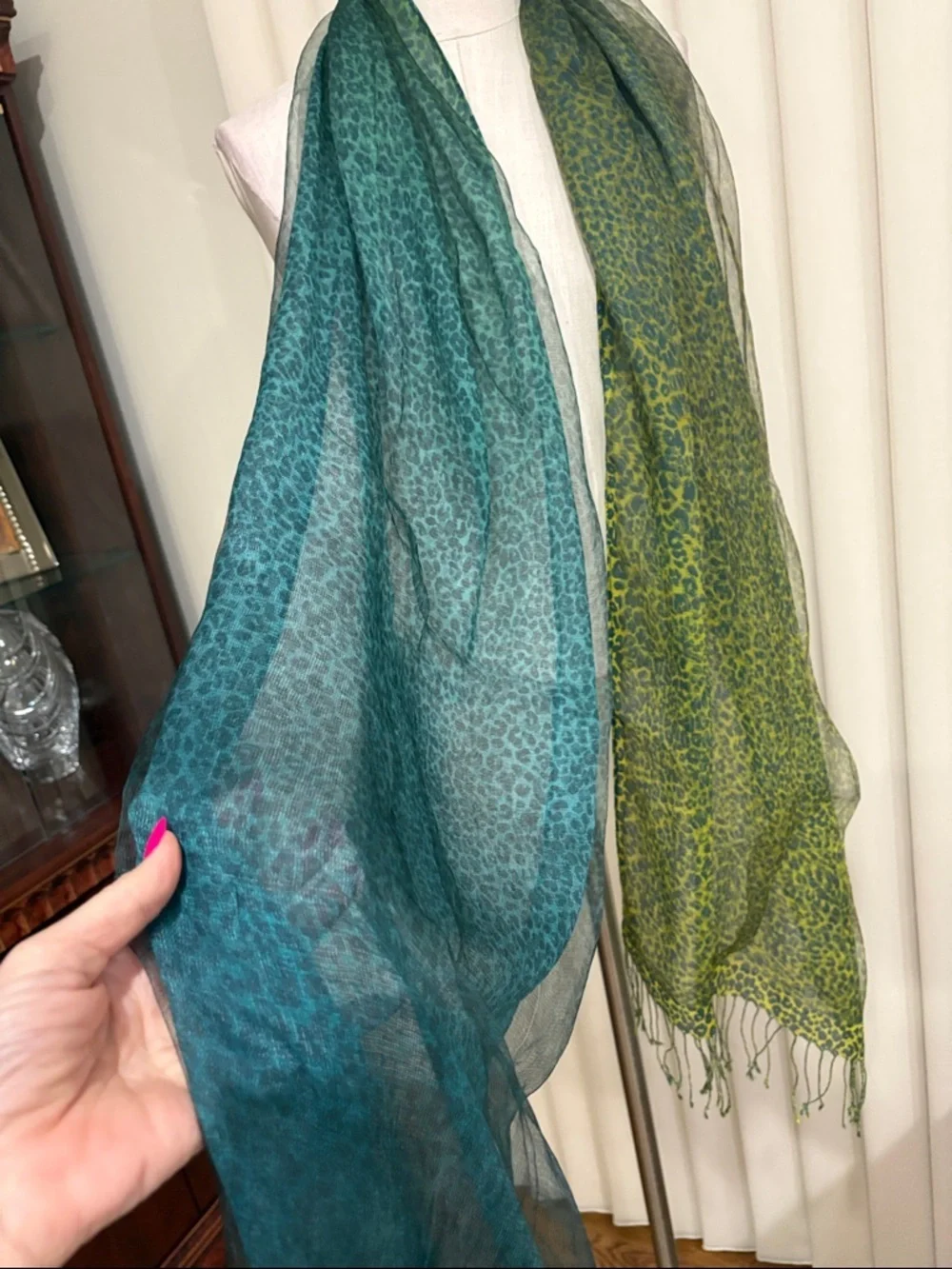 Coldwater Creek leopard Teal ombre to lime yellow Fringe Scarf SILK overlay